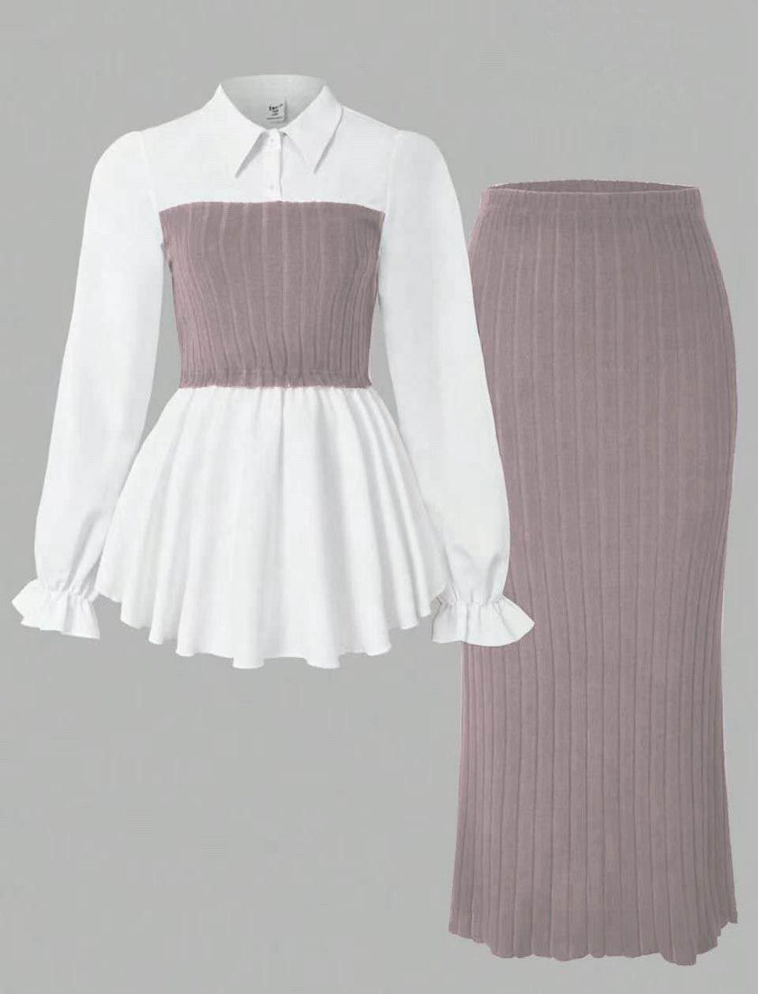Contrast blouse and ribbed midi skirt set: white peplum top with muted mauve skirt