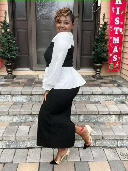 Contrast blouse & ribbed midi skirt, black/white, flared peplum at the waist