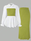 Contrast blouse and ribbed midi skirt set: white peplum top with lime skirt