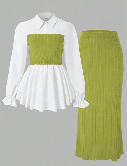 Contrast blouse & ribbed midi skirt, white with chartreuse ribbed panel, green skirt