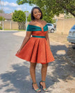 Women's off shoulder orange and teal traditional fit and flare dress