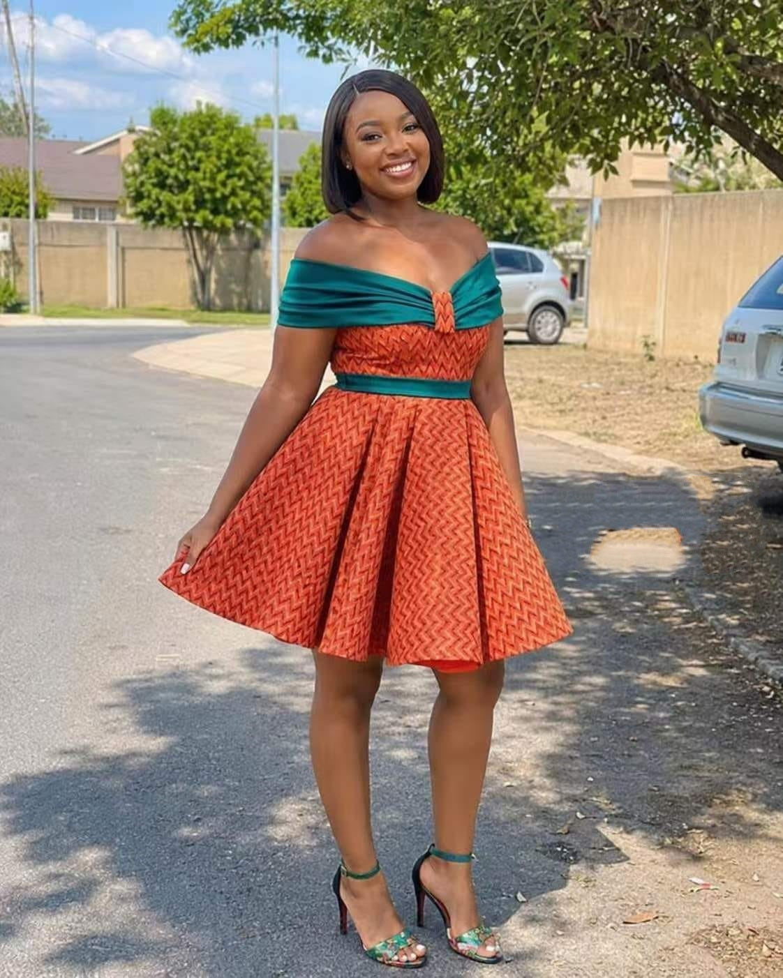 Women's off shoulder orange and teal traditional fit and flare dress