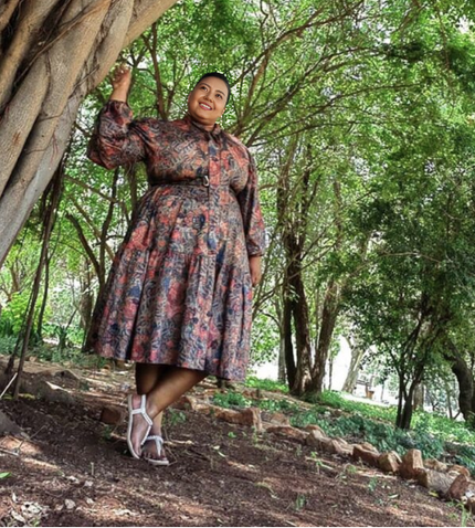 Abstract print midi dress with long puff sleeves, button front, gathered skirt, tied belt