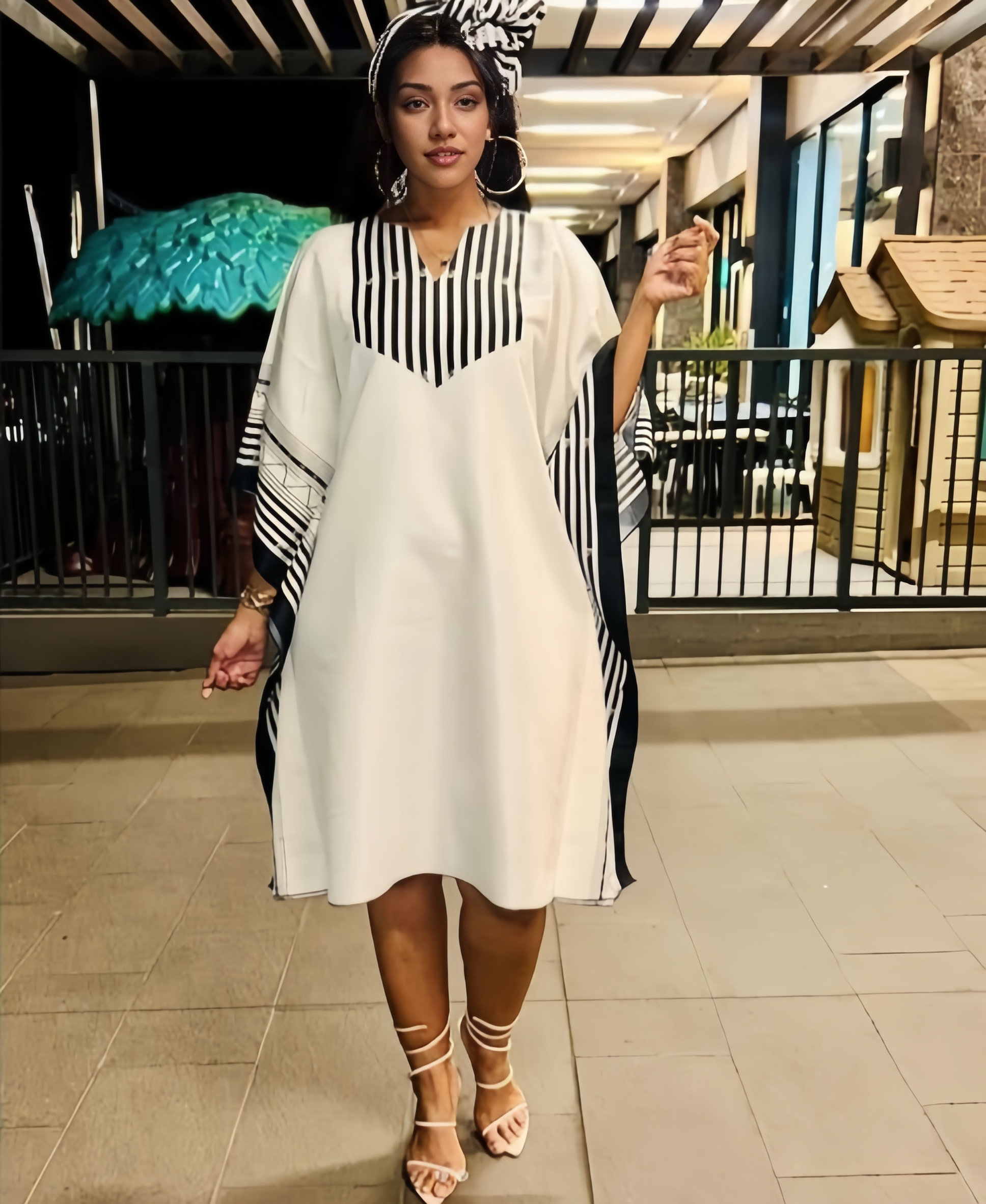 Women's Loose Fit Dress with Striped Accents and Front Slit Design