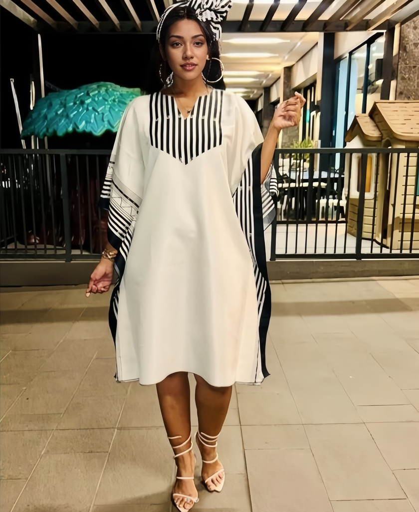 Plus size striped loose-fit dress, white with black stripes, V-neck, short sleeves