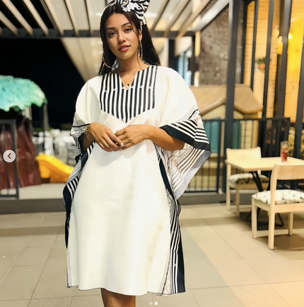 Women's Loose Fit Dress with Striped Accents and Front Slit Design