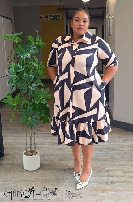 Plus-size shirt dress with geometric print, button-front and ruffled hem in navy/cream