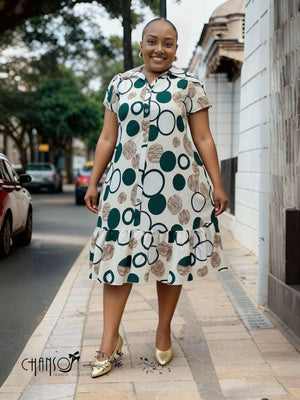 Plus size ruffle shirt dress with circular print (white, green, tan), short sleeves