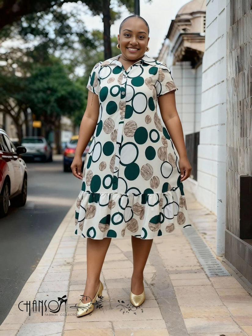 Plus size ruffle shirt dress with circular print (white, green, tan), short sleeves