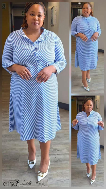 Blue and white striped midi shirt dress with 3/4 sleeves, collared neckline, and button front.