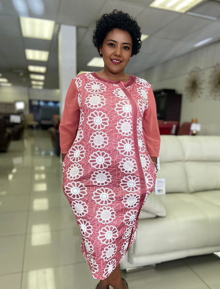 Plus-size floral midi dress, pink with white circle print, 3/4 sleeves