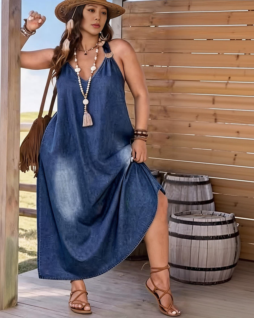 Plus size blue denim halter neck loose maxi dress - view 2