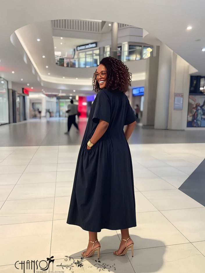 Women’s dark navy V-neck midi dress with half-button front and side pockets