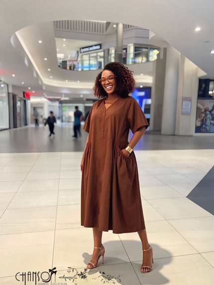 Women’s coffee-brown V-neck midi dress with half-button front and side pockets