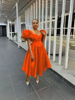 Orange puff-sleeve midi dress, square neckline, gathered waist, flared skirt