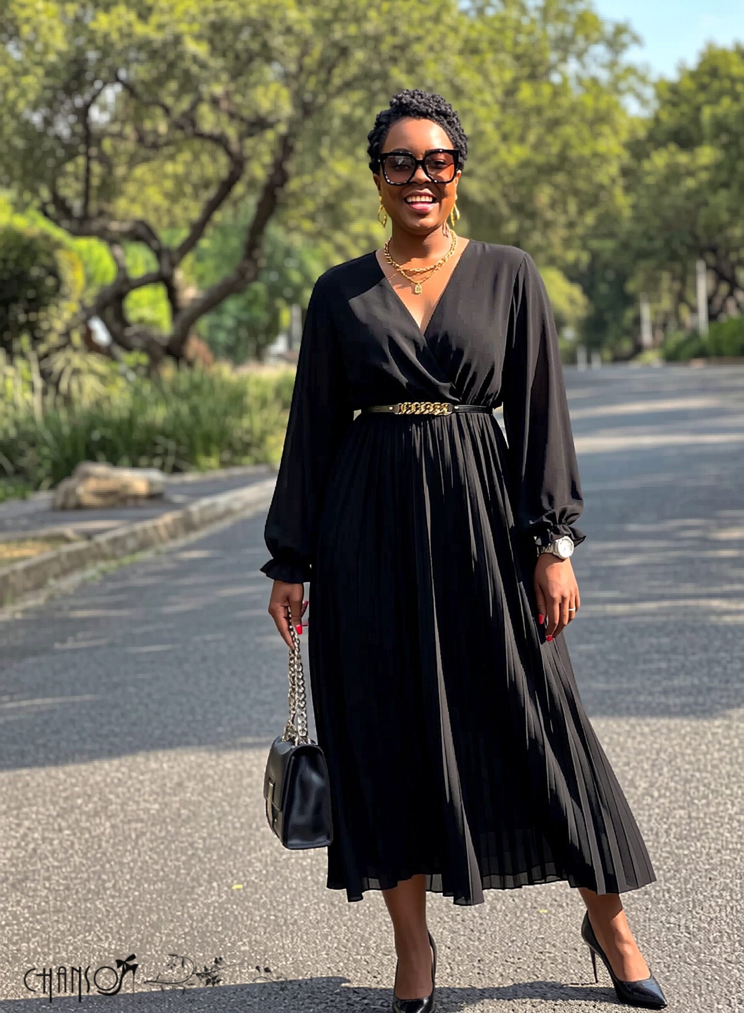 Wrap V Neck Balloon Sleeve Pleated Midi Dress Formal Daily Occasion Outfit