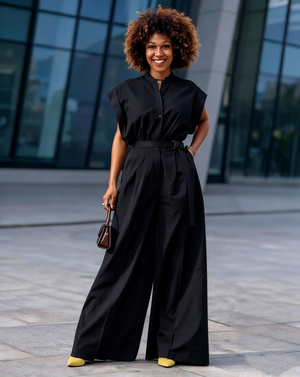 Belted cap sleeve wide leg women's jumpsuit - view 1