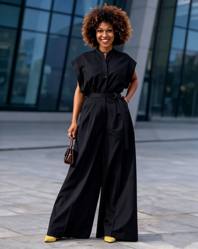 Belted cap sleeve wide leg women's jumpsuit - view 1