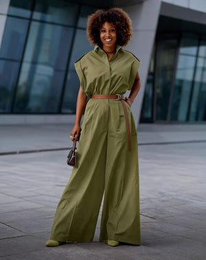 Belted cap sleeve wide leg women's jumpsuit - view 2