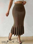 Midi Mermaid Skirt Vertical Ribbed Flounce Hem Office Date Outfit