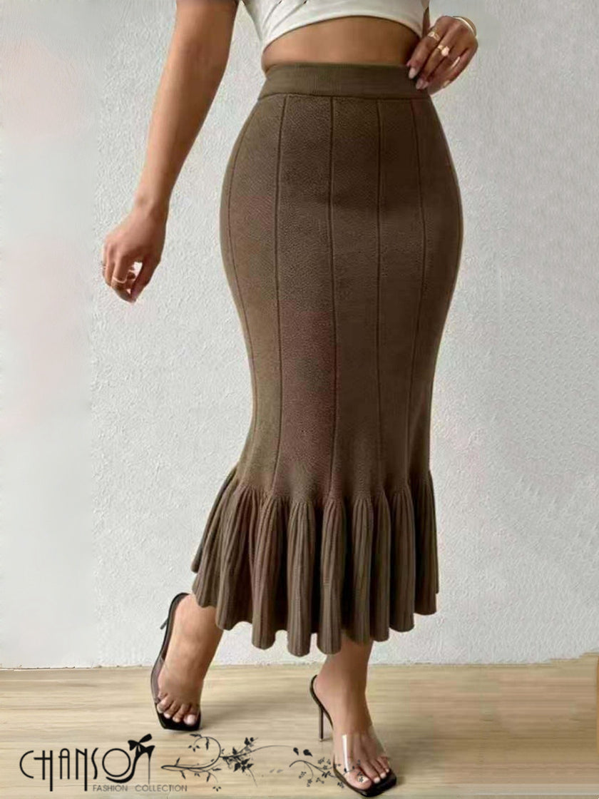 Midi Mermaid Skirt Vertical Ribbed Flounce Hem Office Date Outfit