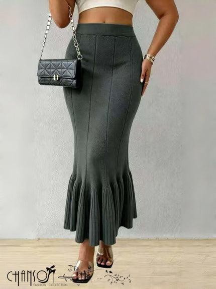 Charcoal vertical ribbed midi mermaid skirt with flounce hem