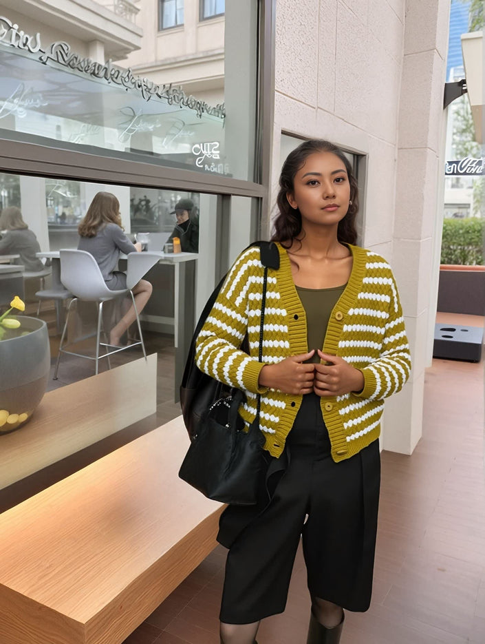 Striped knit cardigan with button front, yellow and dark green, long sleeves
