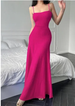 Ribbed knit maxi dress, sleeveless scoop neck, fuchsia pink, fitted bodice