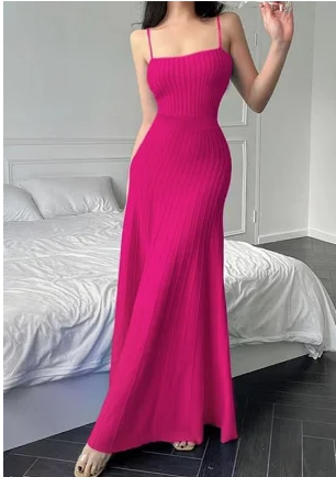 Ribbed knit maxi dress, sleeveless scoop neck, fuchsia pink, fitted bodice