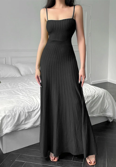 Sleeveless Ribbed Knit Ankle-Length Dress with Scoop Neckline and Flared Skirt