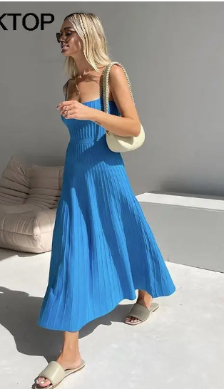 Ribbed knit maxi dress, sleeveless scoop neck, sky-blue, ribbed texture
