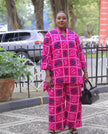 Geometric print twin set with wide-leg pants, magenta and dark accents