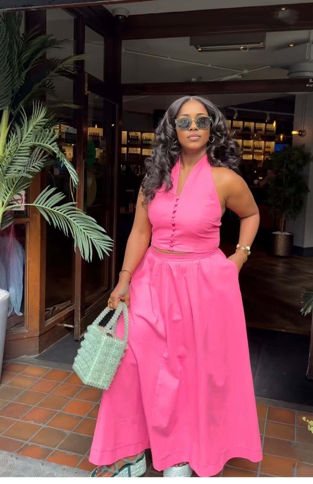 Twin Set Halter Top & Skirt, Hot-Pink with button front detail