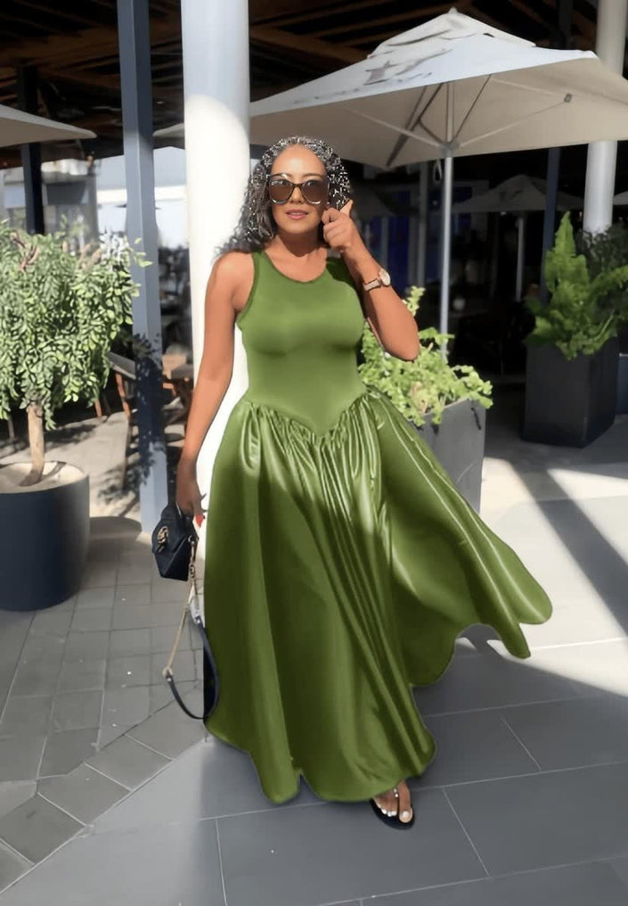 Light-green sleeveless maxi dress with fitted bodice and gathered skirt