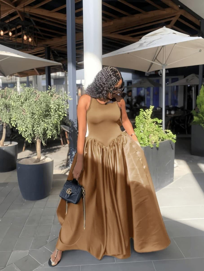 Burlywood sleeveless maxi dress with fitted bodice and gathered skirt