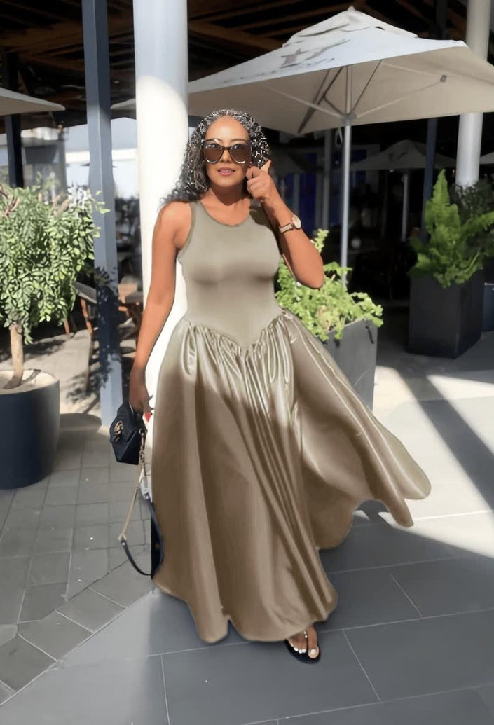 Khaki sleeveless maxi dress with fitted bodice and gathered skirt