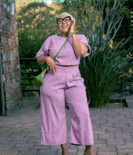 Lavender short-sleeve top and wide-leg pants set