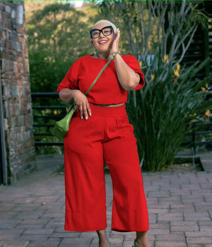 Red short-sleeve top and wide-leg pants set