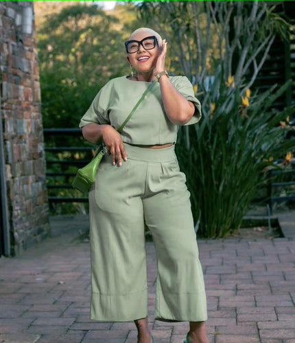 Light green short-sleeve top and wide-leg pants set