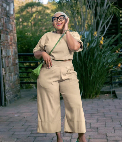 Beige short-sleeve top and wide-leg pants set