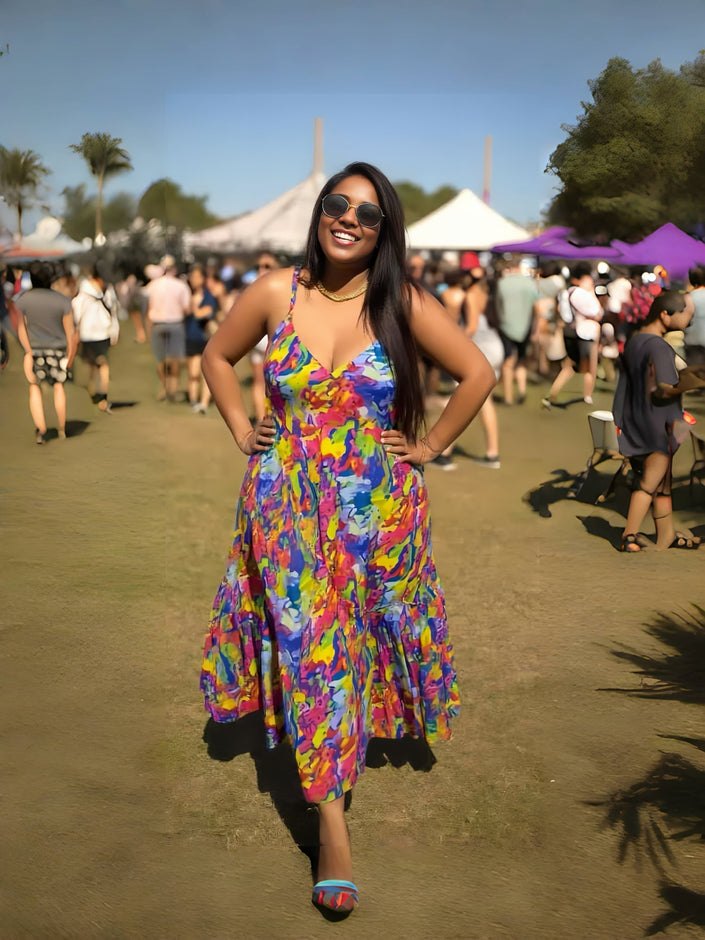 Sleeveless printed maxi dress with V-neck, multicolor abstract pattern