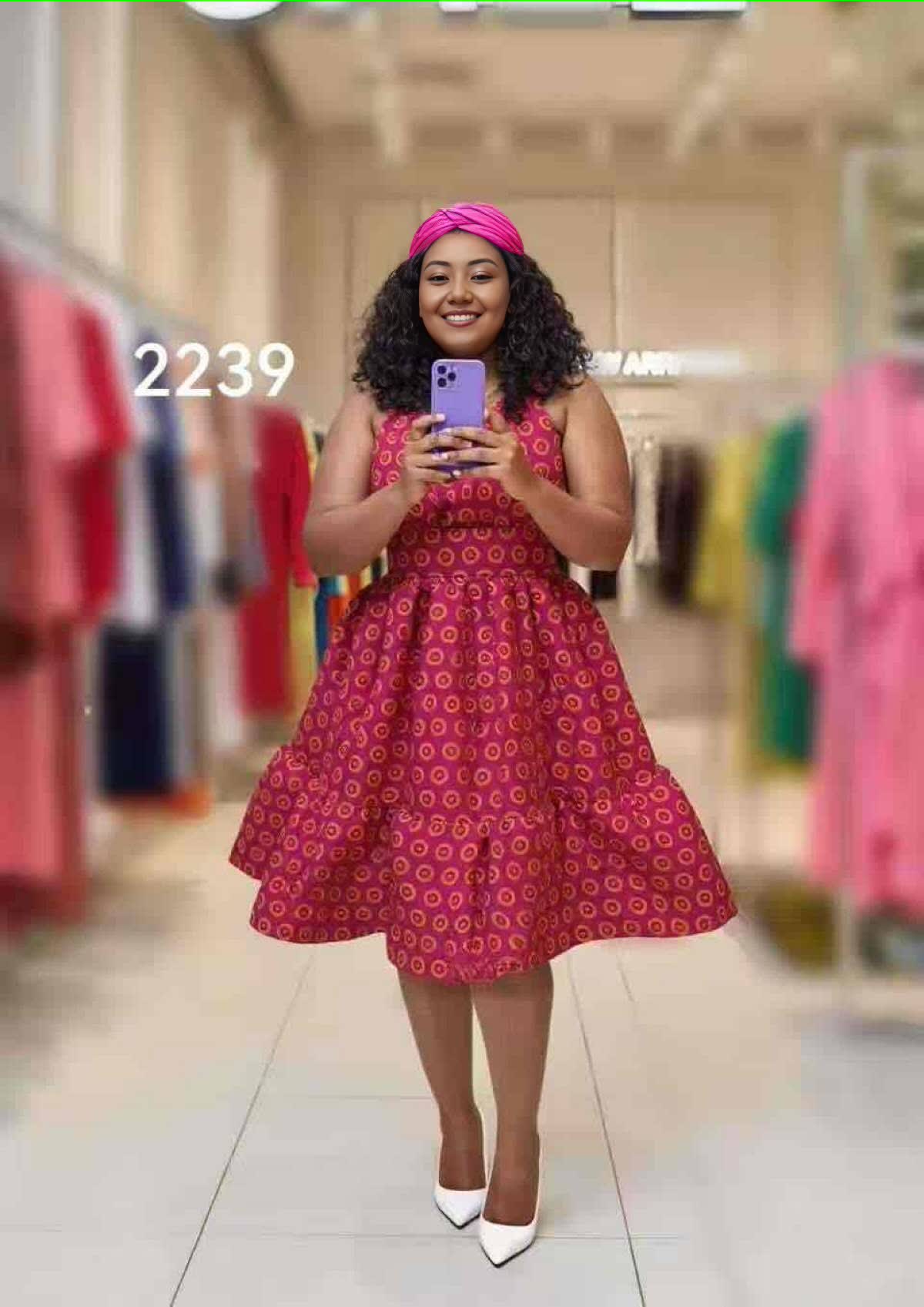 Printed sleeveless tiered A-line midi dress, red with circular pattern