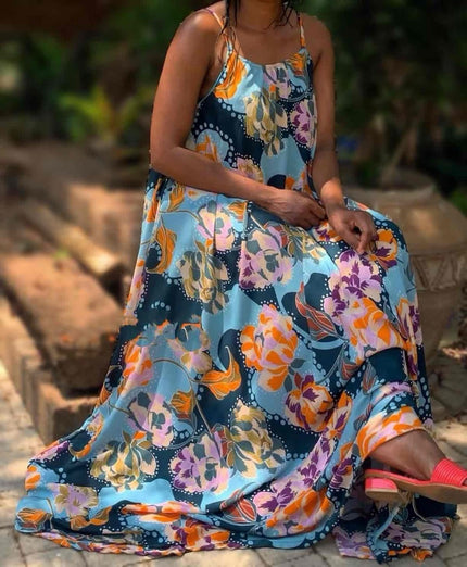Halter Neck Maxi Dress with Floral and Fauna Print
