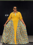 Yellow polo maxi dress with geometric printed side panels, 3/4 sleeves