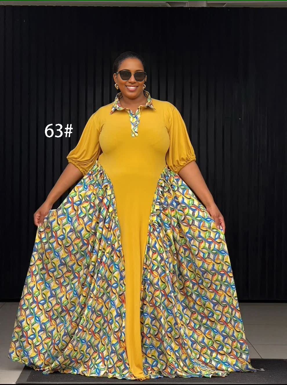 Yellow polo maxi dress with geometric printed side panels, 3/4 sleeves