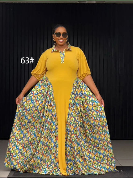 Yellow polo maxi dress with geometric print panel skirt and short gathered sleeves