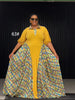 Yellow polo maxi dress with geometric printed side panels, 3/4 sleeves