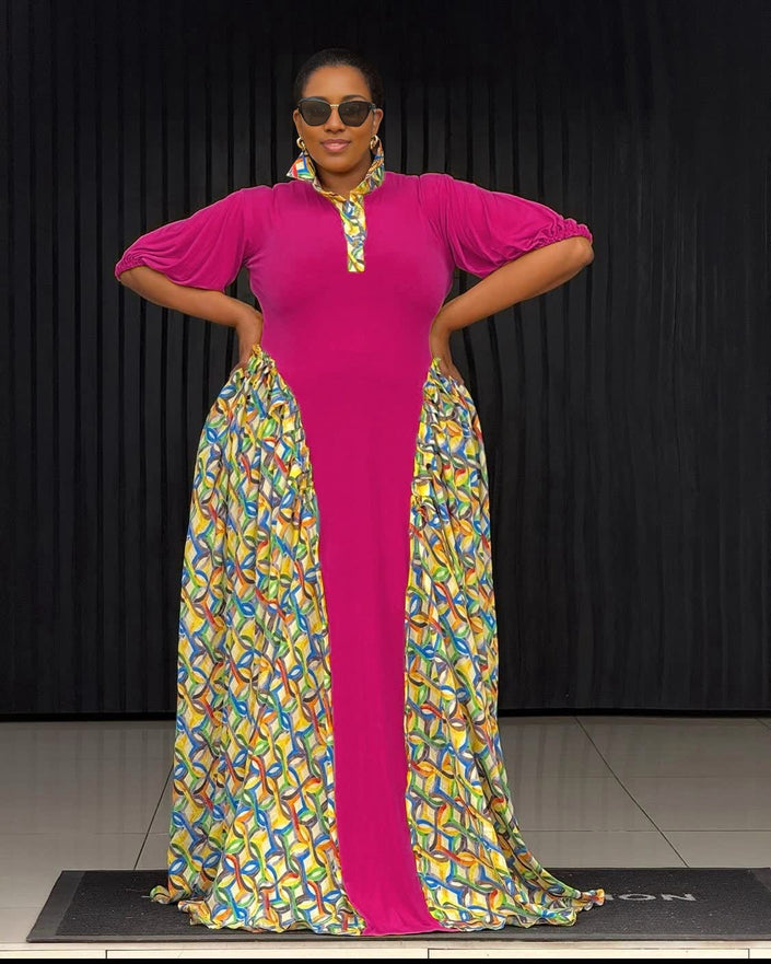 Hot-pink polo maxi dress with geometric print panel skirt, short gathered sleeves