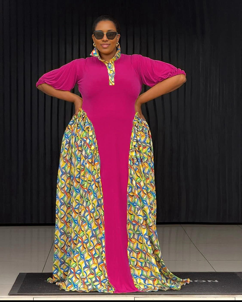 Hot-pink polo maxi dress with geometric printed side panels, 3/4 sleeves
