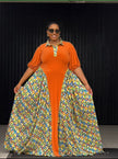 Orange polo maxi dress with geometric printed side panels, 3/4 sleeves